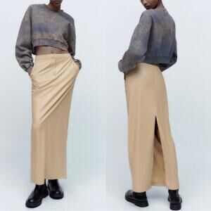 NWT Zara Cream Faux Leather Midi Skirt.